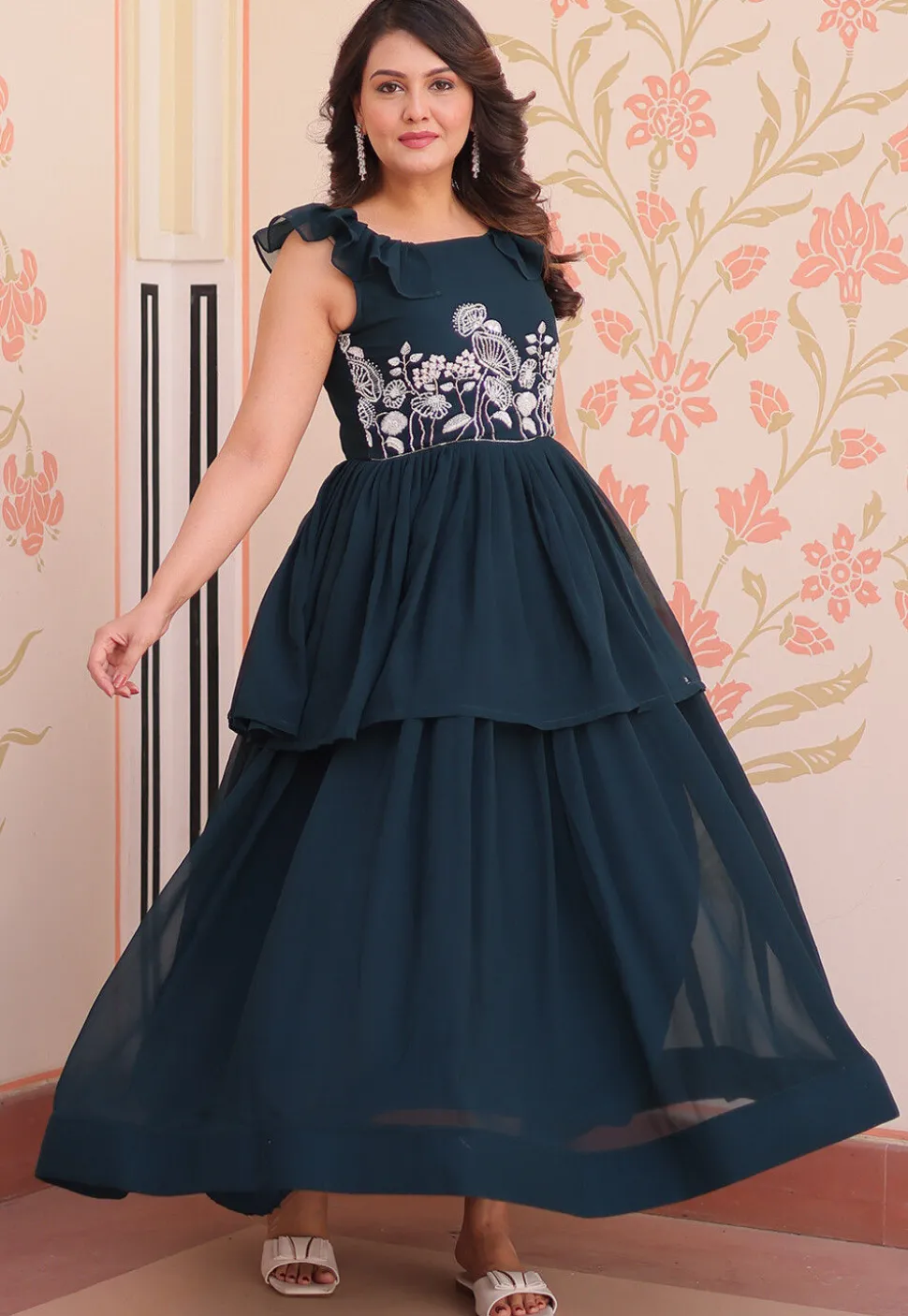 Hand Embroidered Georgette Layered Gown in Teal Blue
