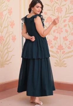 Hand Embroidered Georgette Layered Gown in Teal Blue