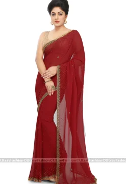 Hand Embroidered Georgette Saree in Red