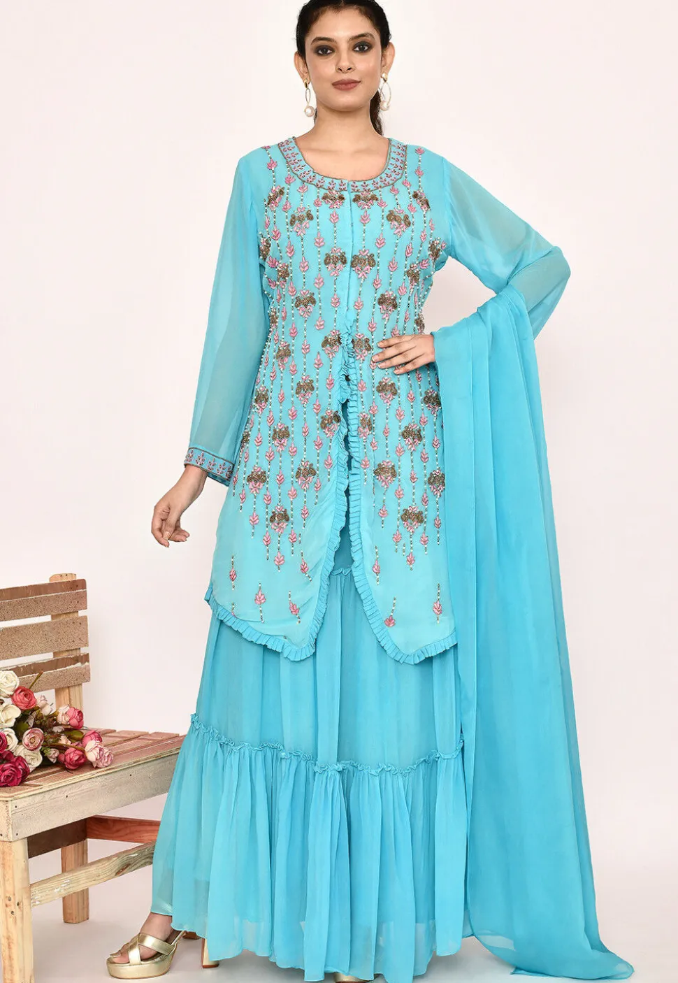 Hand Embroidered Georgette Lehenga in Sky Blue