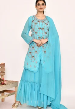Hand Embroidered Georgette Lehenga in Sky Blue