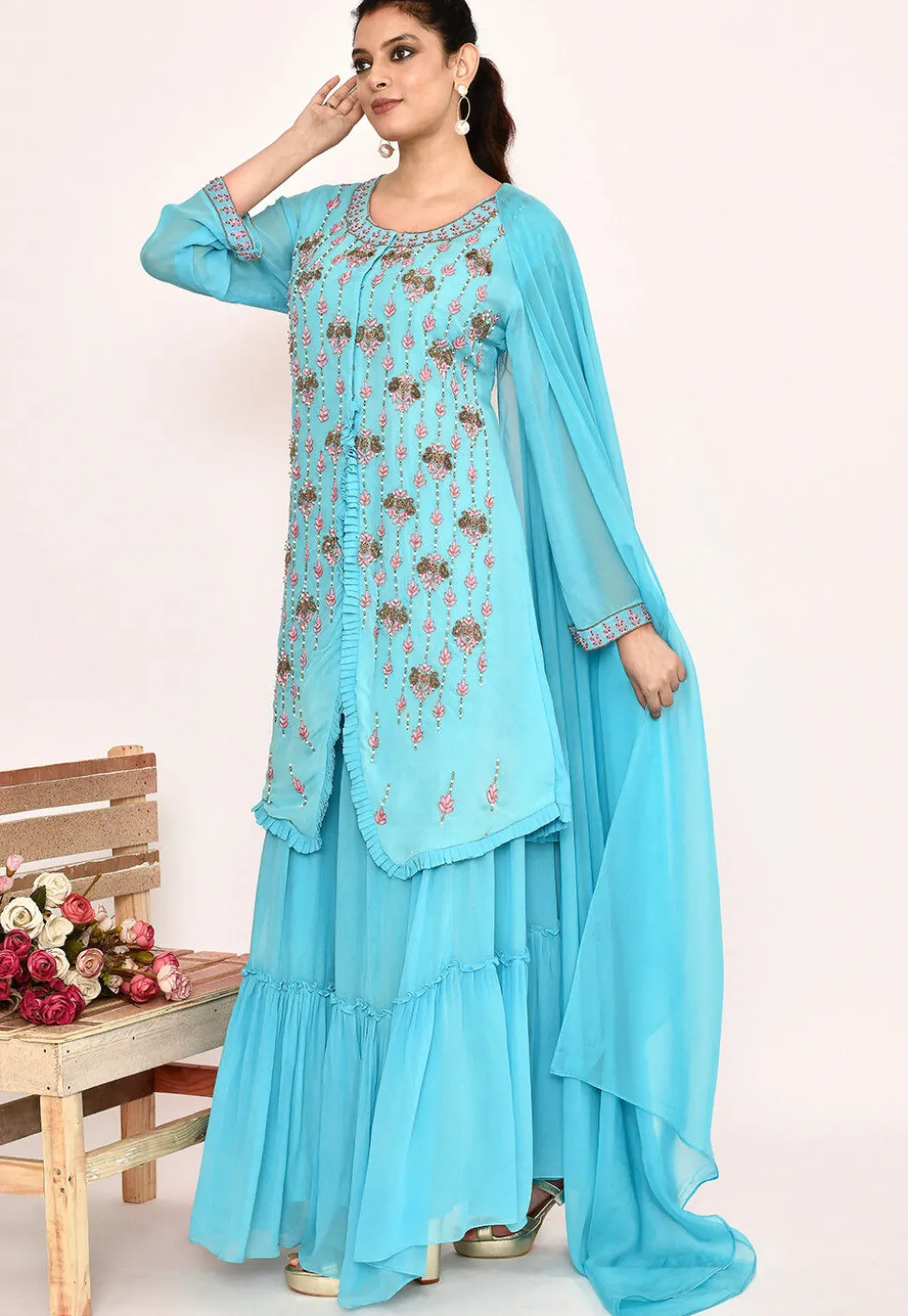 Hand Embroidered Georgette Lehenga in Sky Blue
