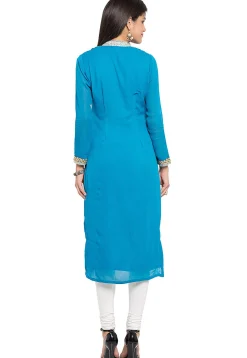 Hand Embroidered Georgette Straight Kurta in Sky Blue