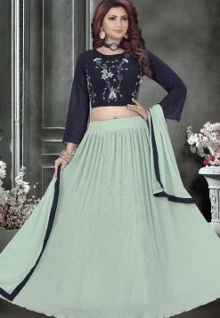 Hand Embroidered Georgette Accordion Lehenga in Sea Green