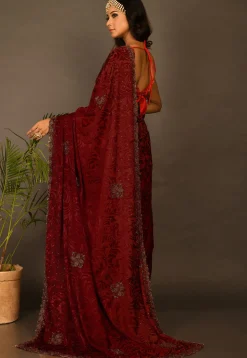 Hand Embroidered Georgette Brasso Saree in Red Ombre