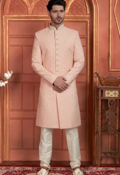 Hand Embroidered Georgette Sherwani in Pink