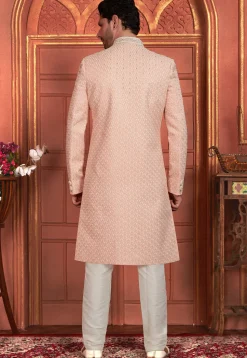 Hand Embroidered Georgette Sherwani in Pink