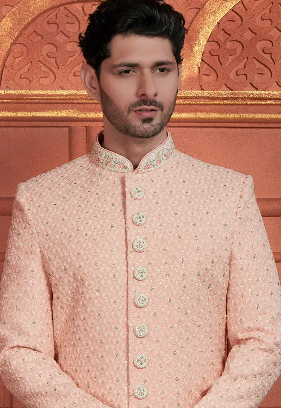 Hand Embroidered Georgette Sherwani in Pink