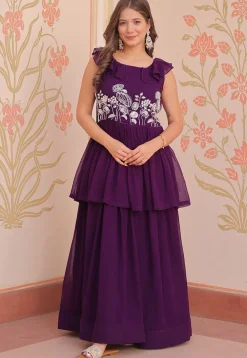 Hand Embroidered Georgette Layered Gown in Purple