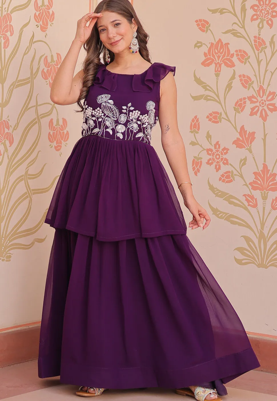 Hand Embroidered Georgette Layered Gown in Purple