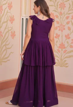 Hand Embroidered Georgette Layered Gown in Purple