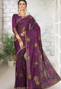 Hand Embroidered Georgette Brasso Saree in Dark Purple