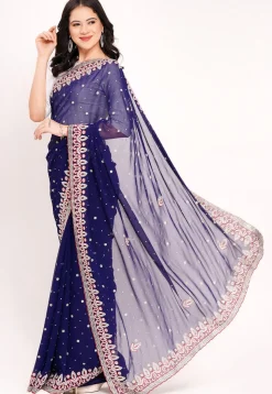 Hand Embroidered Georgette Saree in Navy Blue