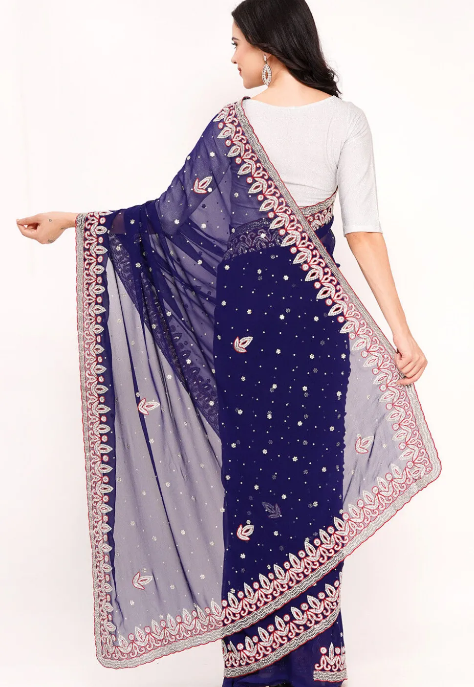 Hand Embroidered Georgette Saree in Navy Blue