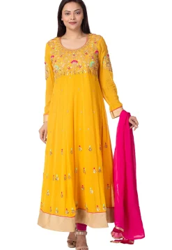 Hand Embroidered Georgette Abaya Style Suit in Mustard
