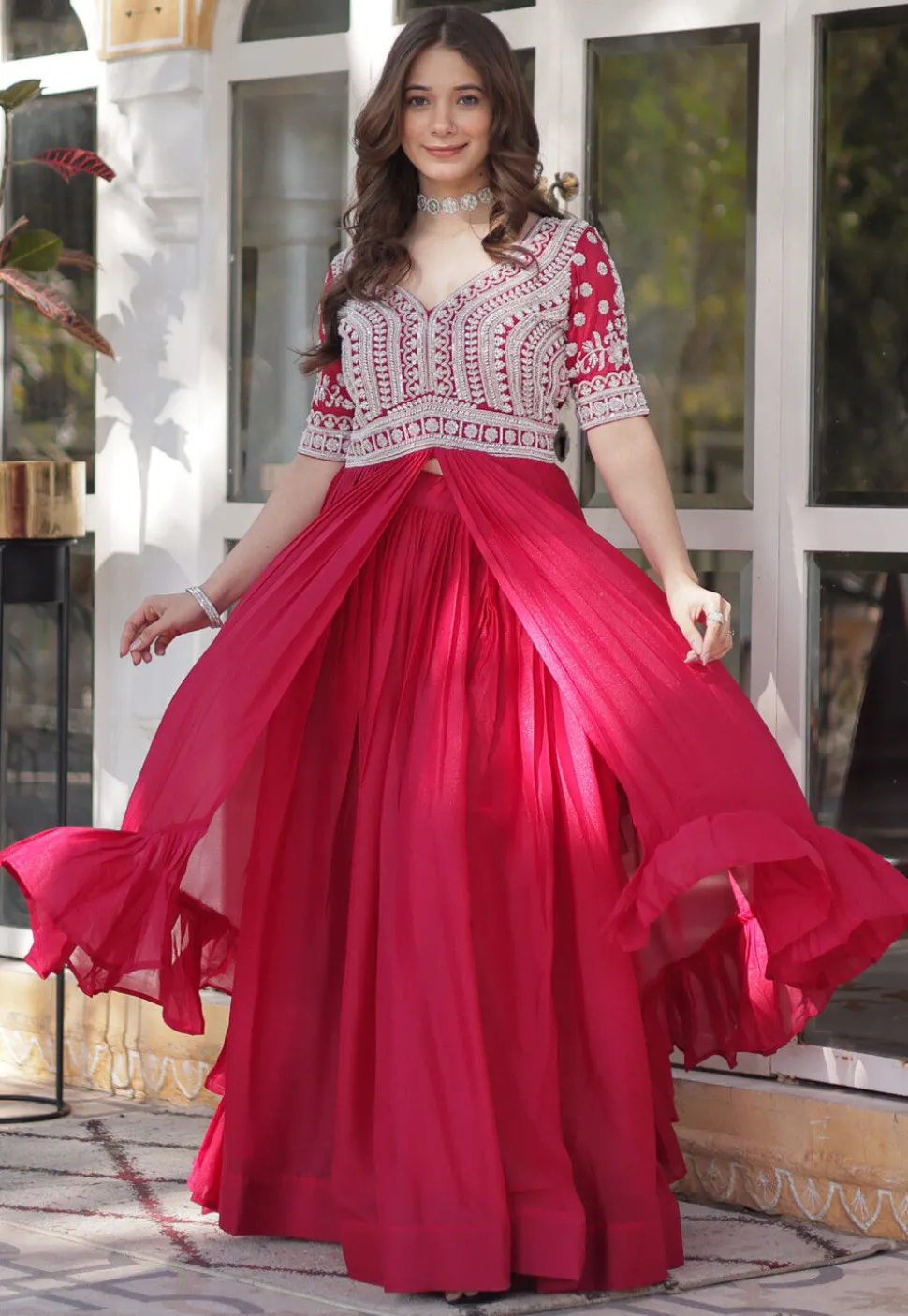 Hand Embroidered Georgette Front Slit Kurta Set in Fuchsia