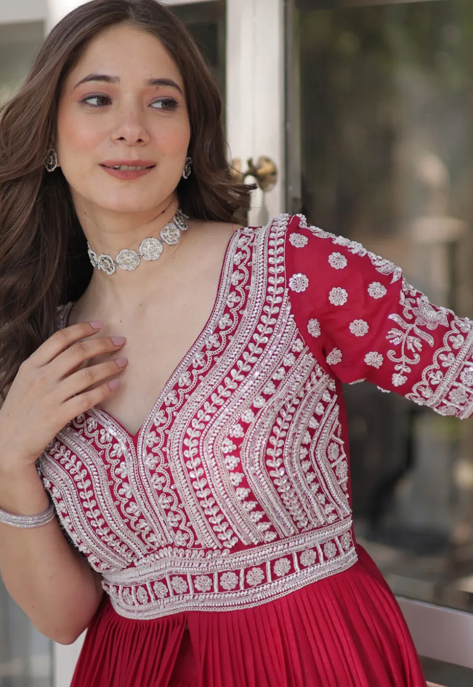 Hand Embroidered Georgette Front Slit Kurta Set in Fuchsia