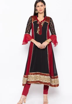 Hand Embroidered Georgette Anarkali Kurta in Black and Red