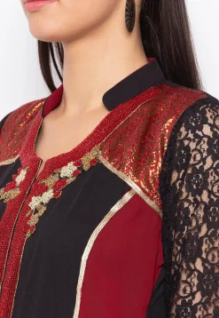 Hand Embroidered Georgette Anarkali Kurta in Black and Red