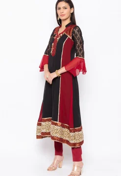Hand Embroidered Georgette Anarkali Kurta in Black and Red