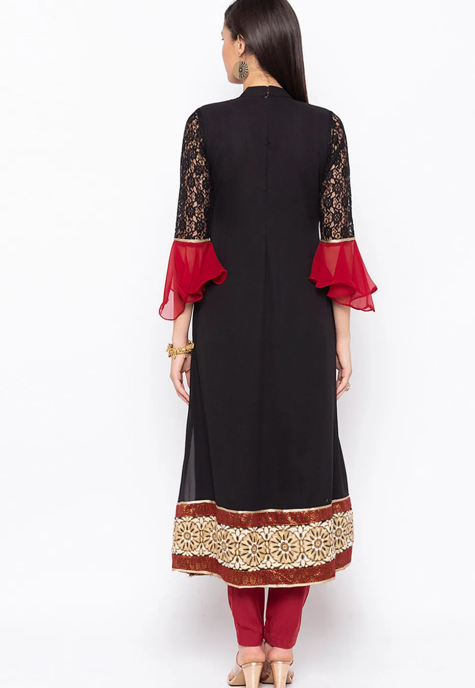 Hand Embroidered Georgette Anarkali Kurta in Black and Red