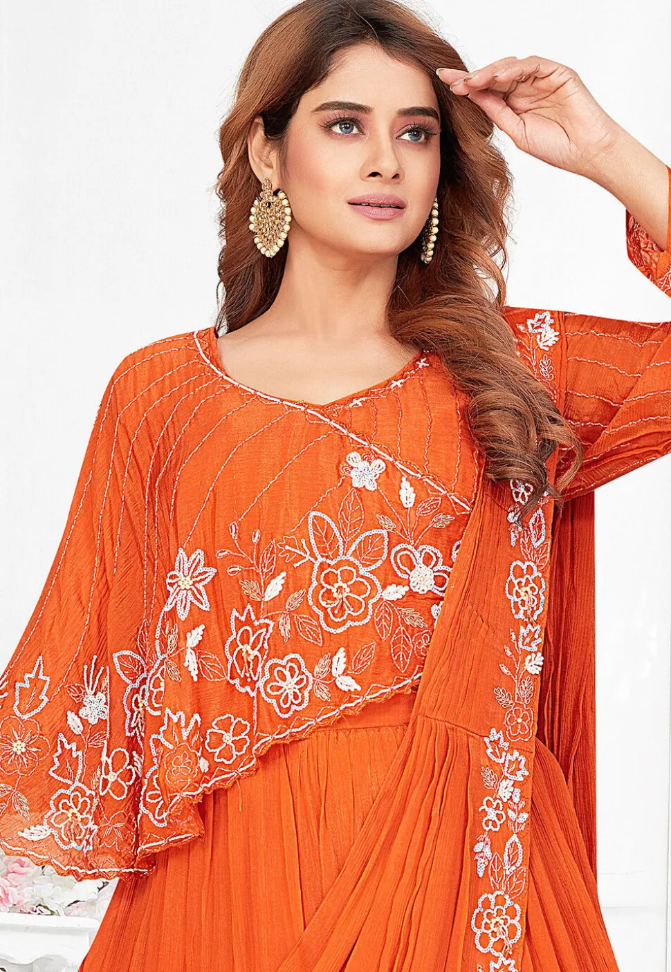 Hand Embroidered Georgette Cape Style Lehenga in Orange