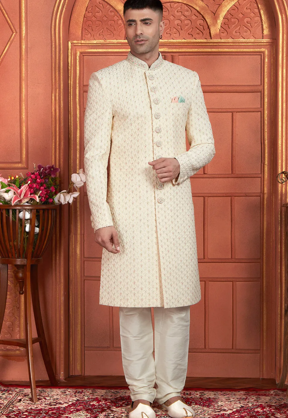 Hand Embroidered Georgette Sherwani in Cream
