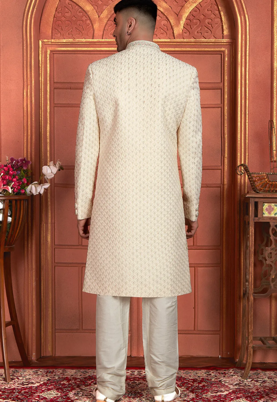 Hand Embroidered Georgette Sherwani in Cream