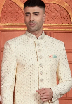 Hand Embroidered Georgette Sherwani in Cream