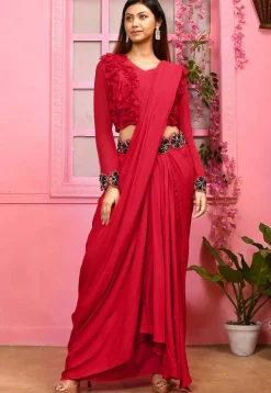 Hand Embroidered Georgette Crop Top Set in Red