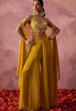 Hand Embroidered Georgette Crop Top Set in Mustard