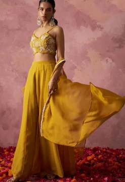 Hand Embroidered Georgette Crop Top Set in Mustard
