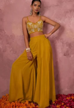 Hand Embroidered Georgette Crop Top Set in Mustard