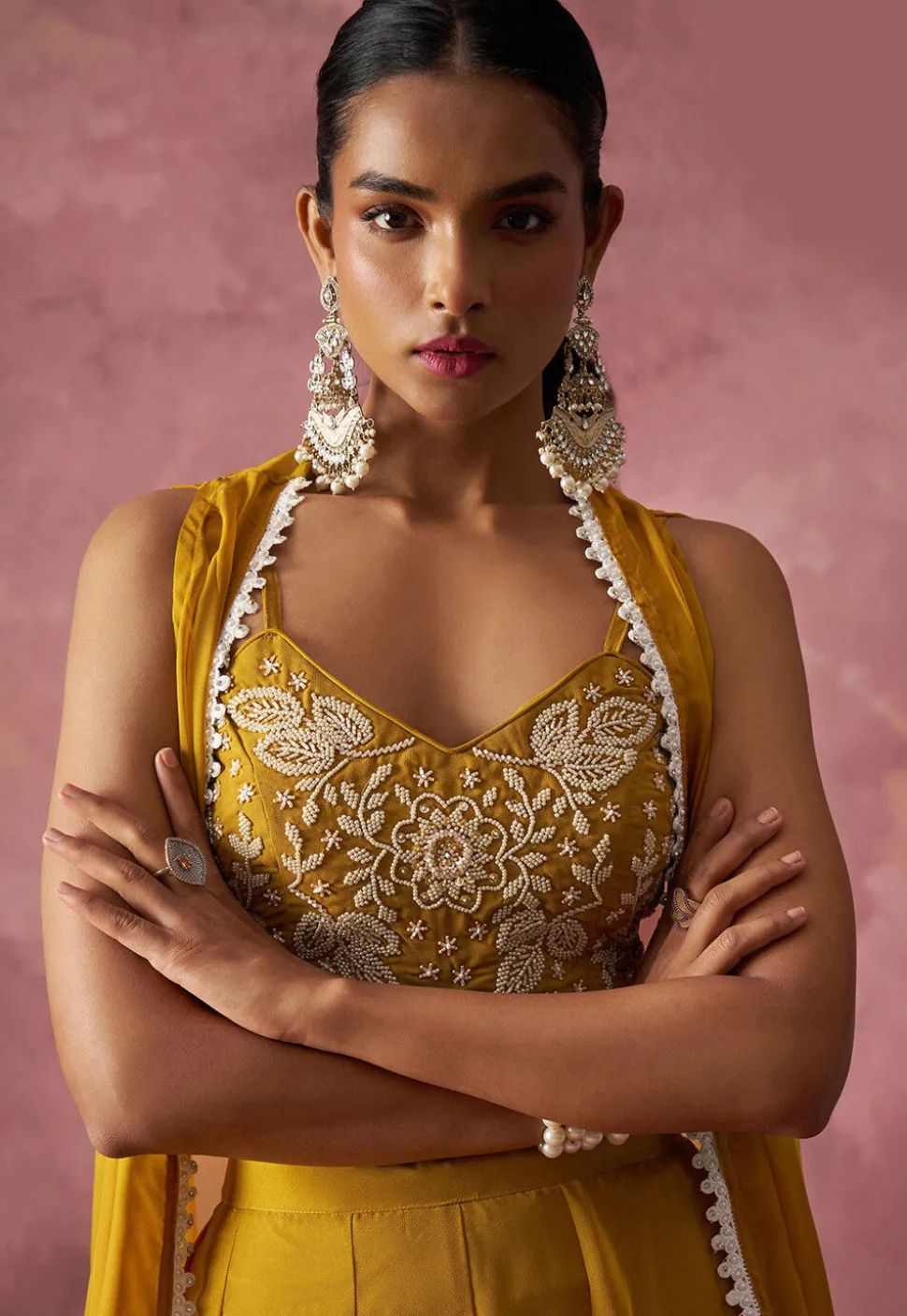 Hand Embroidered Georgette Crop Top Set in Mustard
