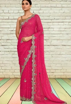 Hand Embroidered Georgette Scalloped Saree in Fuchsia