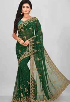 Hand Embroidered Georgette Saree in Dark Green