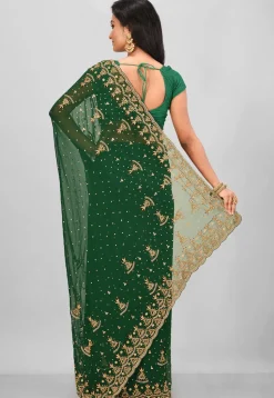 Hand Embroidered Georgette Saree in Dark Green