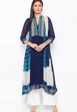 Hand Embroidered Georgette A Line Suit in in Navy Blue
