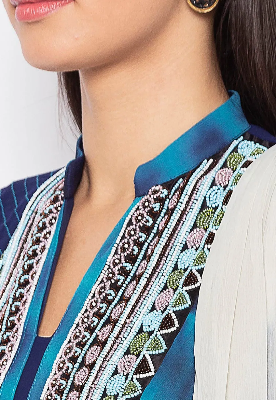 Hand Embroidered Georgette A Line Suit in in Navy Blue