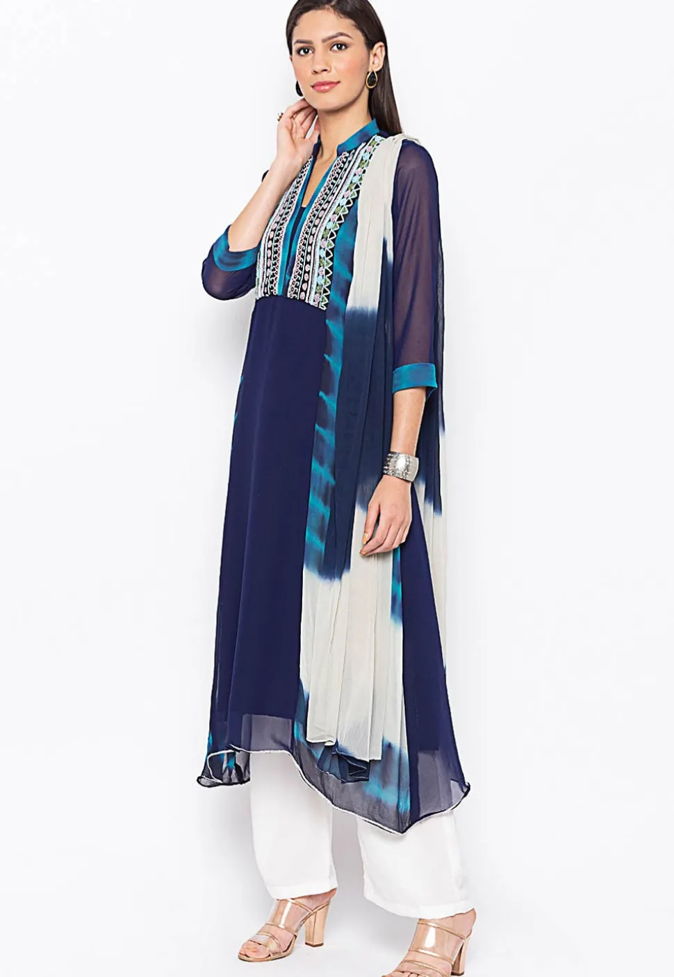 Hand Embroidered Georgette A Line Suit in in Navy Blue
