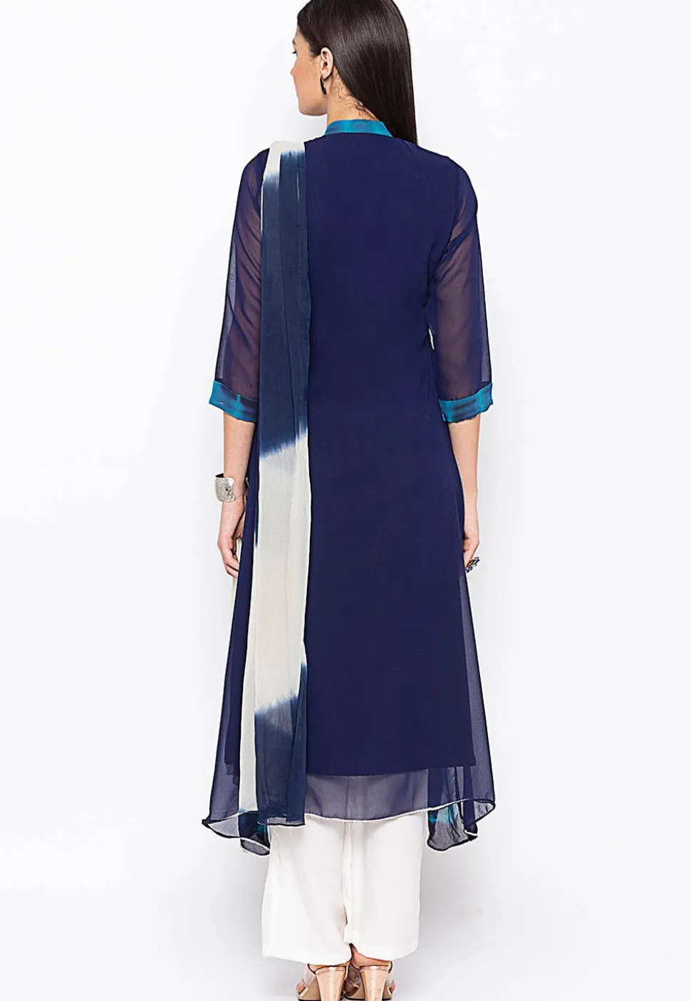 Hand Embroidered Georgette A Line Suit in in Navy Blue