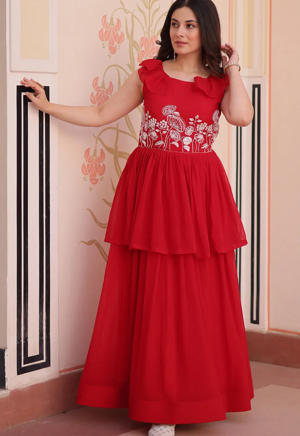 Hand Embroidered Georgette Layered Gown in Red