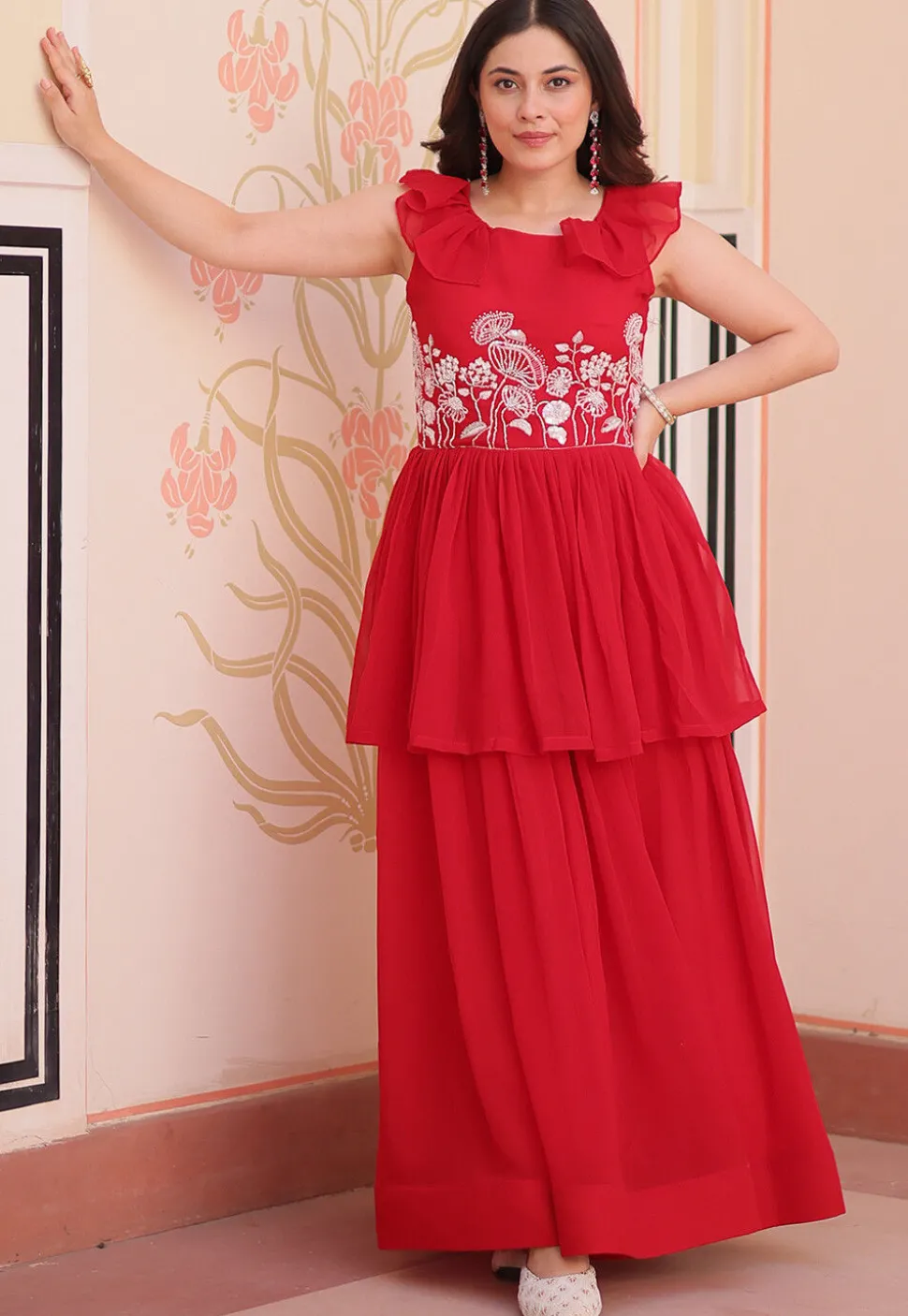 Hand Embroidered Georgette Layered Gown in Red