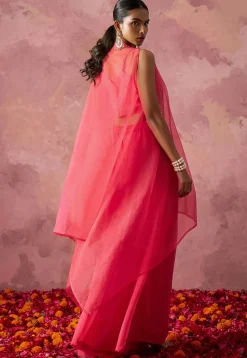 Hand Embroidered Georgette Crop Top Set in Pink