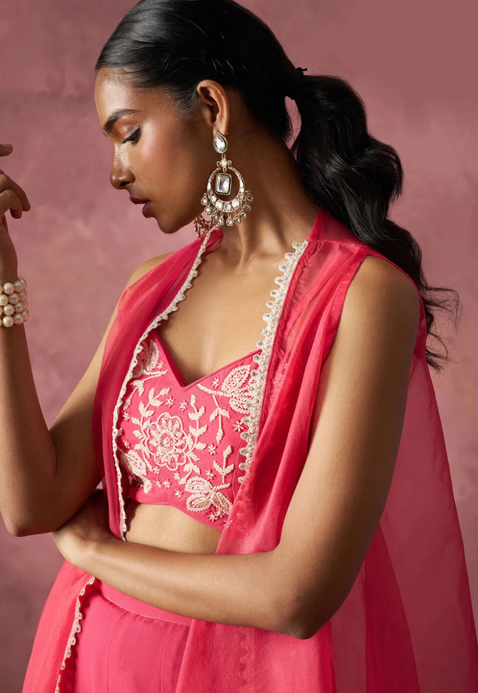 Hand Embroidered Georgette Crop Top Set in Pink