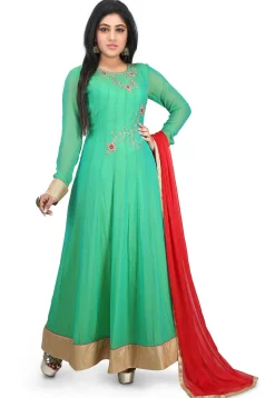 Hand Embroidered Georgette Abaya Style Suit in Teal Green