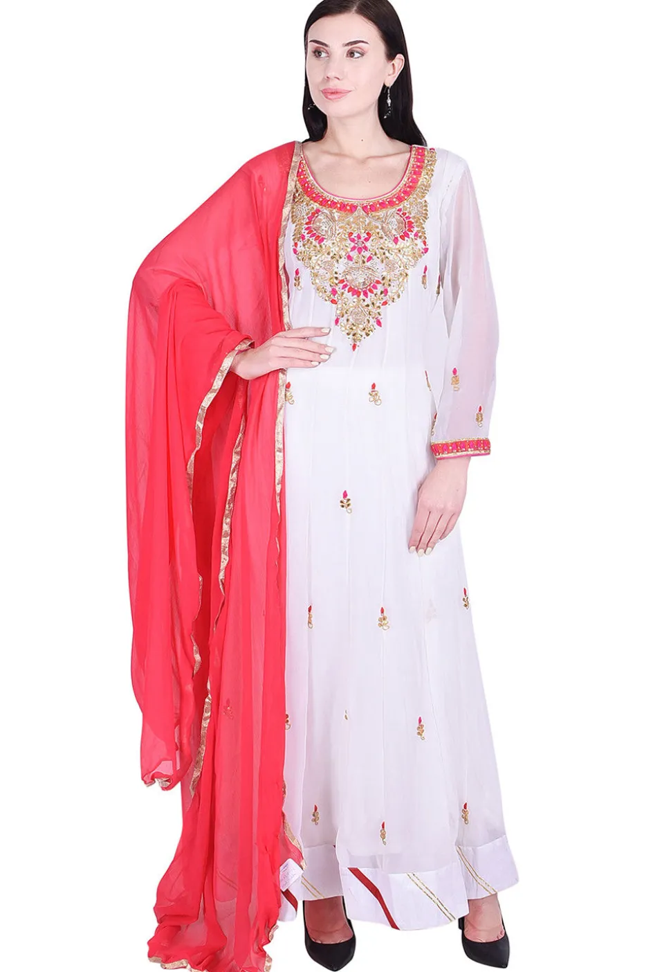 Hand Embroidered Georgette Abaya Style Suit in White