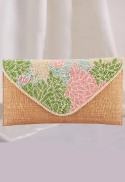 Hand Embroidered Jute Flap Clutch Bag in Beige
