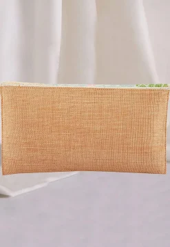 Hand Embroidered Jute Flap Clutch Bag in Beige