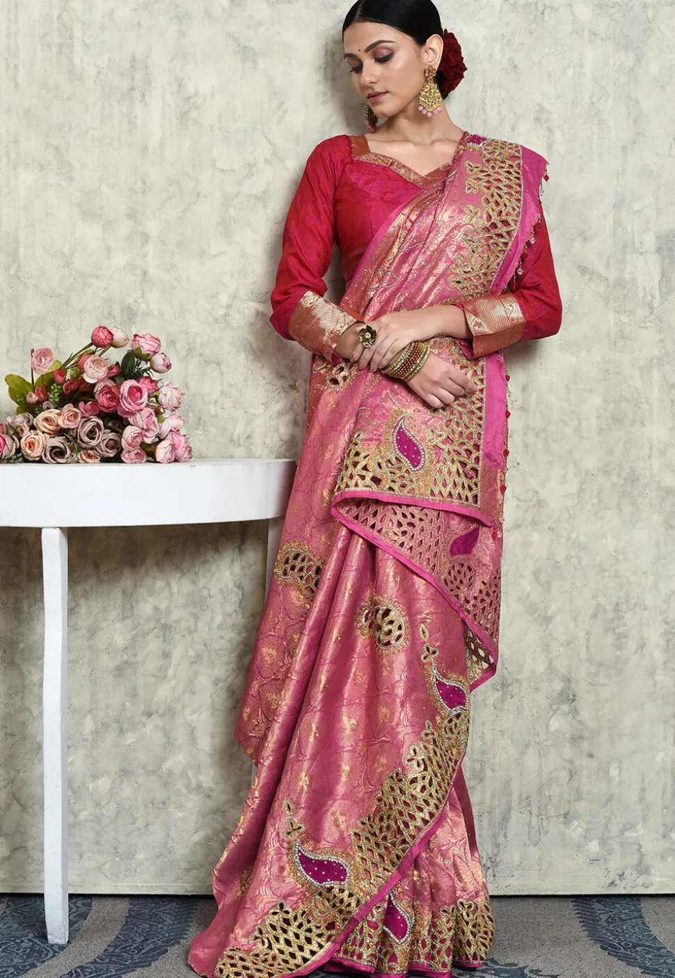 Hand Embroidered Kanchipuram Silk Saree in Pink